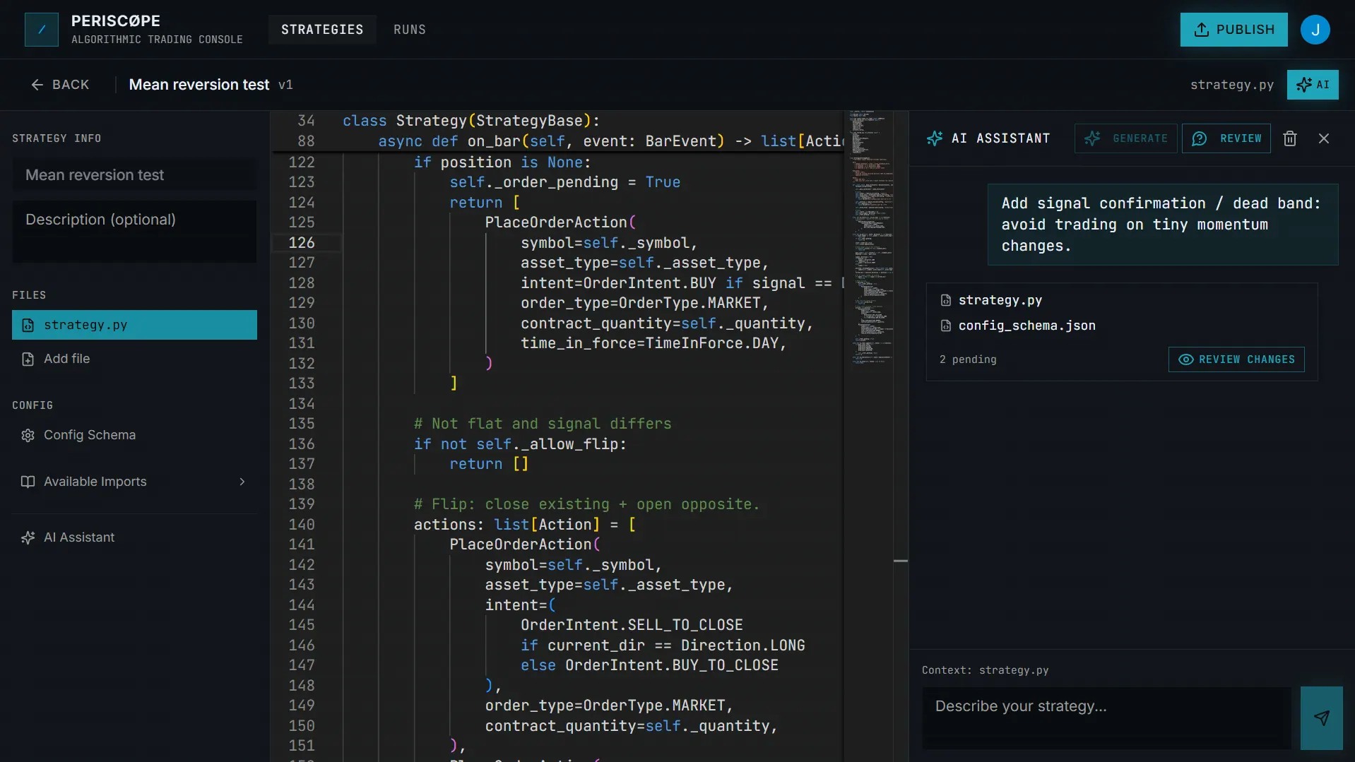Strategy editor with AI assistant reviewing code